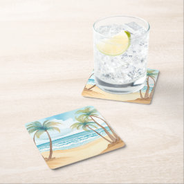 Tropische palmen | Strand Waterverf bruiloft Vierkante Kartonnen Onderzetter