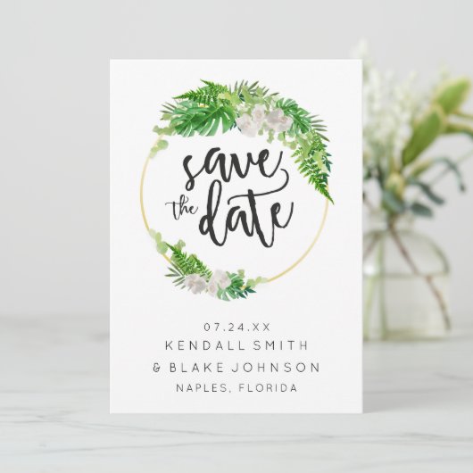 Tropische palmenbladeren en groen blad krans save the date (Staand voorkant)