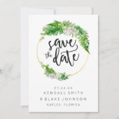 Tropische palmenbladeren en groen krans save the date (Voorkant)