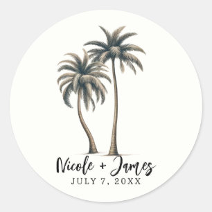 Tropische Palmenboom Rustieke Kust Bruiloft Ronde Sticker
