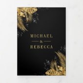 Tropische palmfoto van Black and Gold Foil Weddens Drieluik Uitnodiging (Cover)
