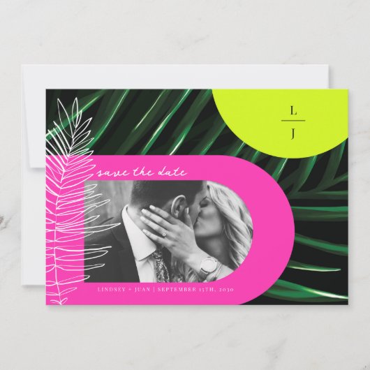 Tropische palmneonbogen Monogram Save the Date (Voorkant)