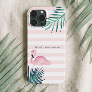 Tropische palmroze flamingroze en witte streep iPhone 13 pro max hoesje