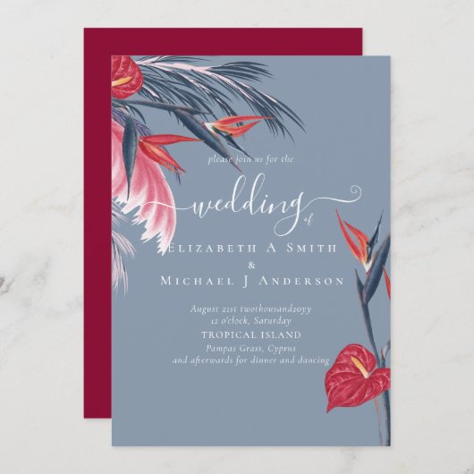 Tropische Pampas Grass Navy Berry Wedding (Voorkant / Achterkant)