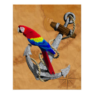 Tropische papegaai en anker perfect poster