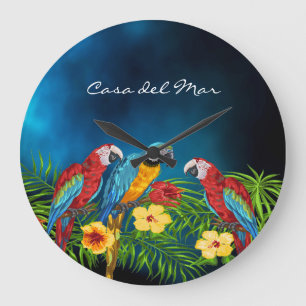 Tropische papegaaien blauw palmboomkapje grote klok