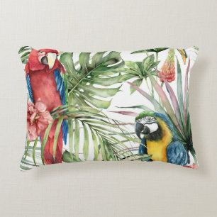 Tropische papegaaien, hibiscus: waterverf. accent kussen