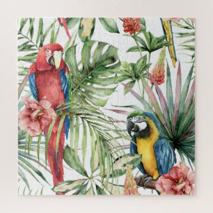 Tropische papegaaien, hibiscus: waterverf. legpuzzel