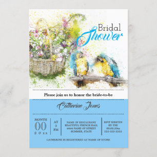 Tropische papegaaien landbloemen waterverf blauw kaart
