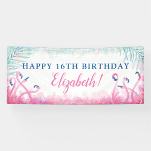 Tropische Partij Blauwe Roze Flamingo Happy Birthd Spandoek
