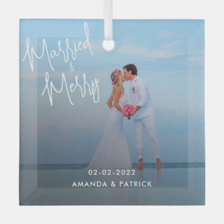 Tropische Pas getrouwd Foto's, gehuwd en verrukt Glas Ornament