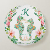 Tropische Passen getrouwd Monogram Bloemen Zeepaar Rond Kussen (Achterkant)