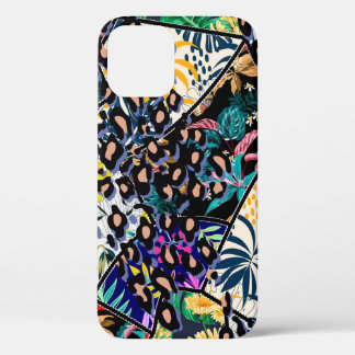 Tropische patchwork leaf- en bladpatroon backgro iPhone 12 hoesje