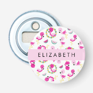Tropische Patroon, Flamingo's, Bloemen, Jouw naam Button Flesopener