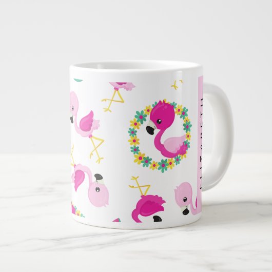 Tropische Patroon, Flamingo's, Bloemen, Jouw naam Extra Grote Beker (Voorkant rechts)