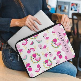 Tropische Patroon, Flamingo's, Bloemen, Jouw naam Laptop Sleeve