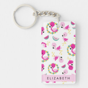 Tropische Patroon, Flamingo's, Bloemen, Jouw naam Sleutelhanger