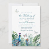 Tropische pauw veren vlinders bruiloft kaart (Voorkant)