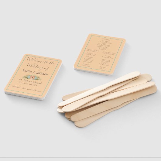 Tropische perzik en Blauwgroen huwelijksprogramma Handwaaier (Niet-gemonteerd)