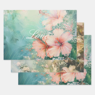 Tropische Perzik Witte Hibiscus Bloemrijke Liefde  Inpakpapier Vel