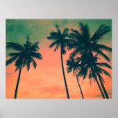 Tropische perzik zonsondergang en palmbomen Reisfo Poster (Voorkant)