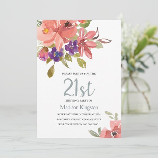 Tropische Perzikbloemen 21e verjaardag Uitnodiging (Staand voorkant)