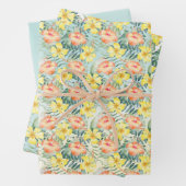 Tropische perzikkleurige gele hibiscusbloemen Mint Inpakpapier Vel (In situ)