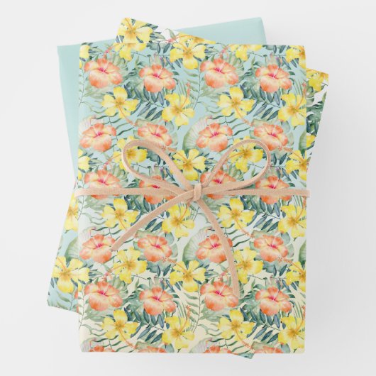 Tropische perzikkleurige gele hibiscusbloemen Mint Inpakpapier Vel (In situ)