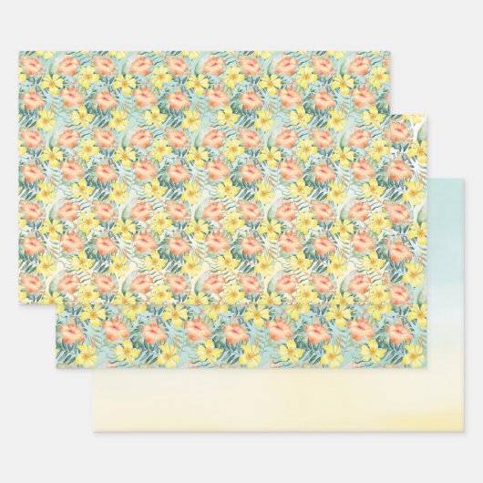 Tropische perzikkleurige gele hibiscusbloemen Mint Inpakpapier Vel (Set)