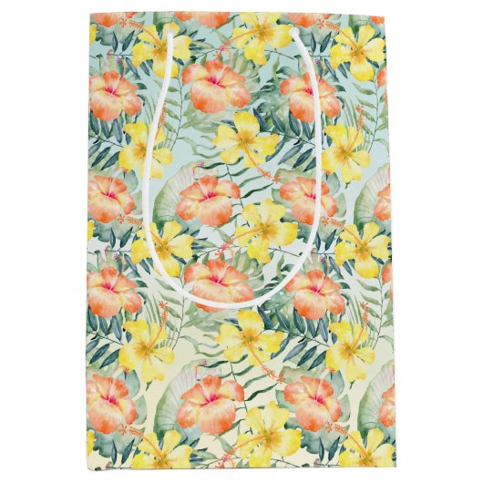 Tropische perzikkleurige gele hibiscusbloemen Mint Medium Cadeauzakje (Voorkant)