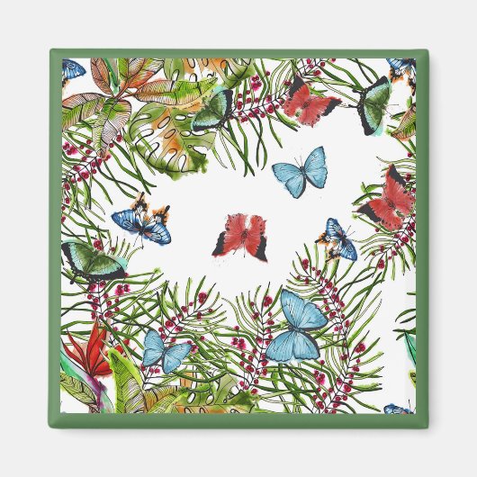 Tropische Planten Butterflies Berries Red Blue Magneet (Voorkant)