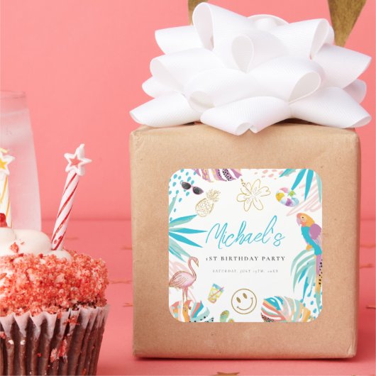 Tropische Pool Party Verjaardag Vierkante Sticker (Feest)