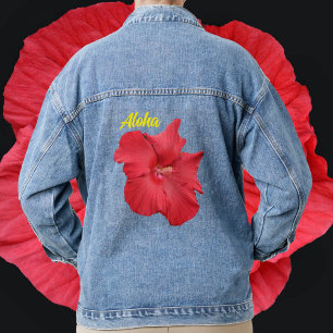 Tropische rode Hibiscus Bloem Hawaïaanse Aloha Denim Jacket