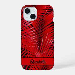 Tropische rode palmbladeren op zwart gepersonalise iPhone 15 hoesje