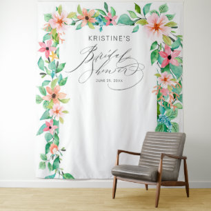 Tropische Roze Bloemachtige Elegante Script Bruids Wandkleed