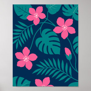 Tropische Roze Bloemen en Groene Bladerdesign Poster