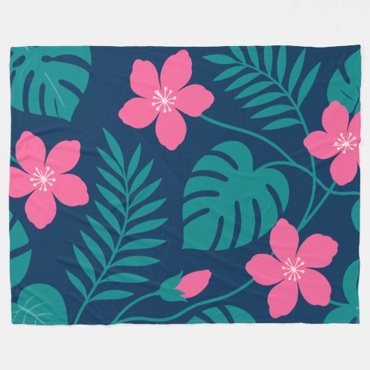 Tropische Roze Bloemen en Groene Bladgroen Ontwerp Fleece Deken (Voorkant (Horizontaal))