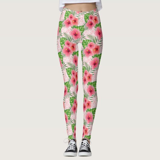 Tropische roze bloemen leggings (Voorkant)