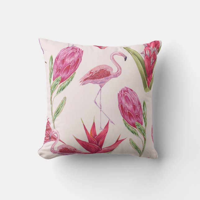 Tropische roze bloemen, protea, paradijsvogel kussen (Voorkant)