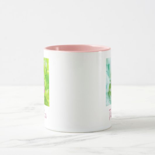 Tropische roze en groene flamingo en palmen mok (Midden)