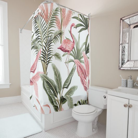 Tropische roze flamingo, bananenbomen en douchegordijn (In situ)