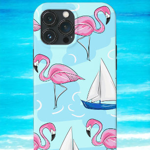Tropische Roze Flamingo Blauwe Zeilboot Preppy iPhone 13 Pro Max Hoesje