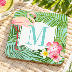 Tropische Roze Flamingo Bloemige Monogram Initiaal Bier Onderzetter
