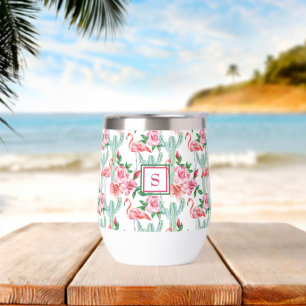 Tropische Roze Flamingo Cactus Rozen Monogrammed