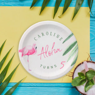 Tropische roze flamingo gepersonaliseerd verjaarda papieren bordje