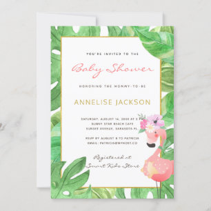 Tropische roze flamingo groene bladeren baby showe kaart