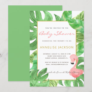 Tropische roze flamingo groene bladeren baby showe kaart
