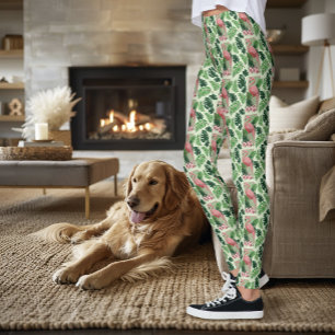 Tropische Roze Flamingo Groene Palmbladeren Lelie Leggings