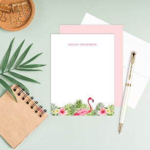 Tropische Roze Flamingo Hibiscus Monogram Notitiekaartje