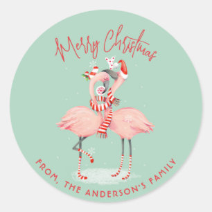 Tropische Roze Flamingo Met Kerstmutsen Kerstmis Ronde Sticker